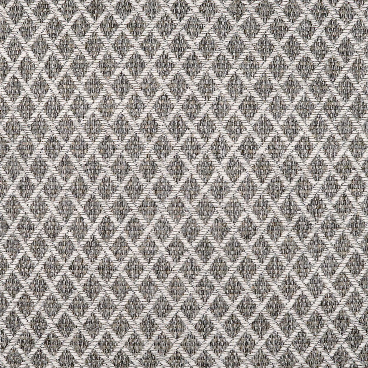 Grey jacquard fabric with a repeating diamond lattice pattern; used on an outdoor 22" x 22" pillow.