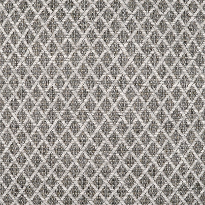 Grey jacquard fabric with a repeating diamond lattice pattern; used on an outdoor 22" x 22" pillow.
