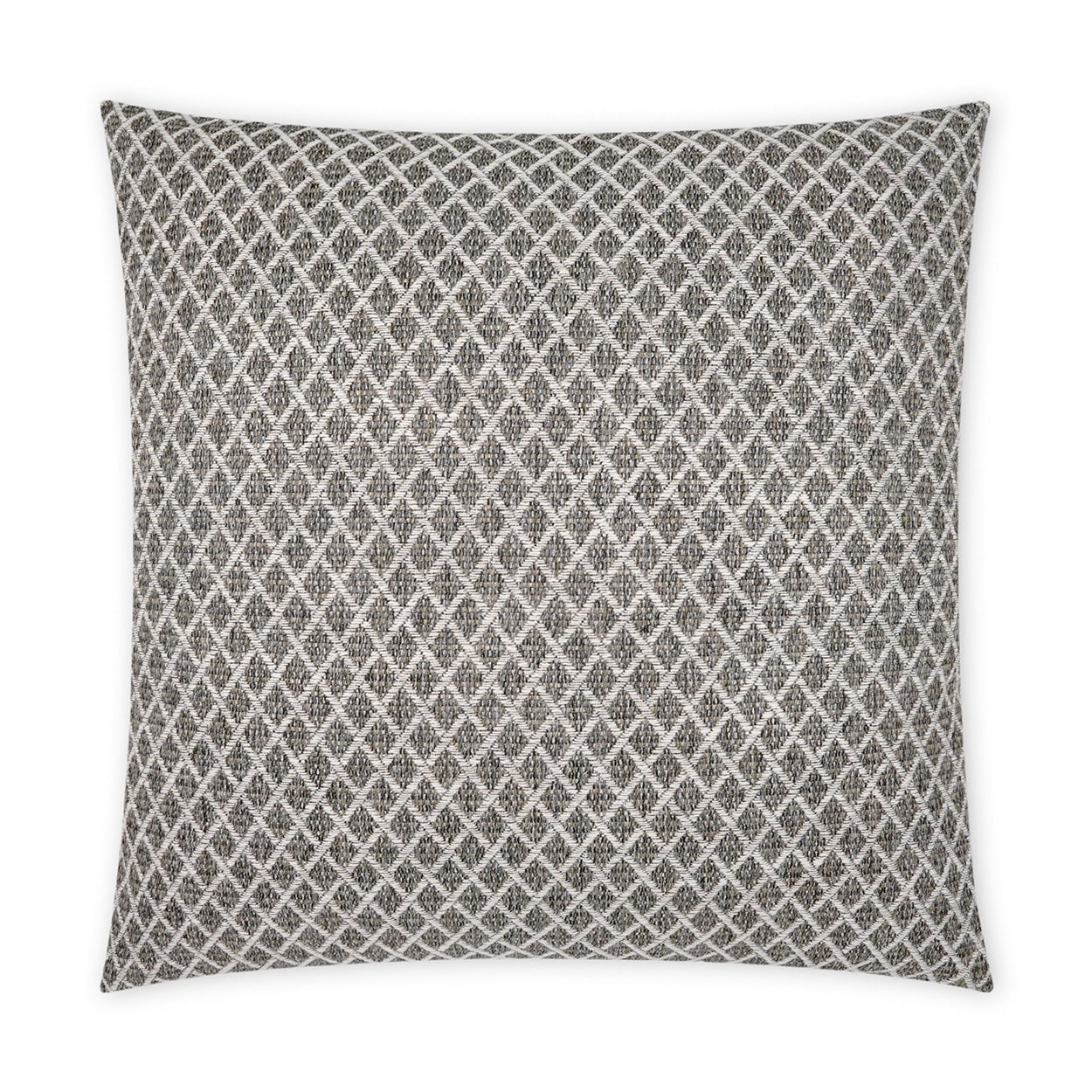 Outdoor 22" x 22" ebony pillow with a white diamond lattice pattern in woven fabric; square cushion.