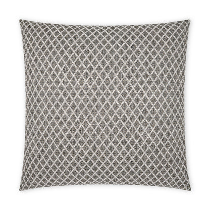 Outdoor 22" x 22" ebony pillow with a white diamond lattice pattern in woven fabric; square cushion.