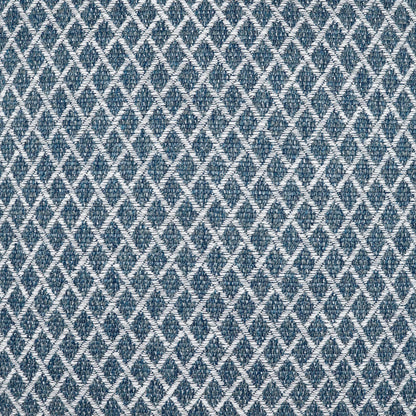 Blue and white diamond lattice fabric on a 22" x 22" outdoor pillow with a textured weave.