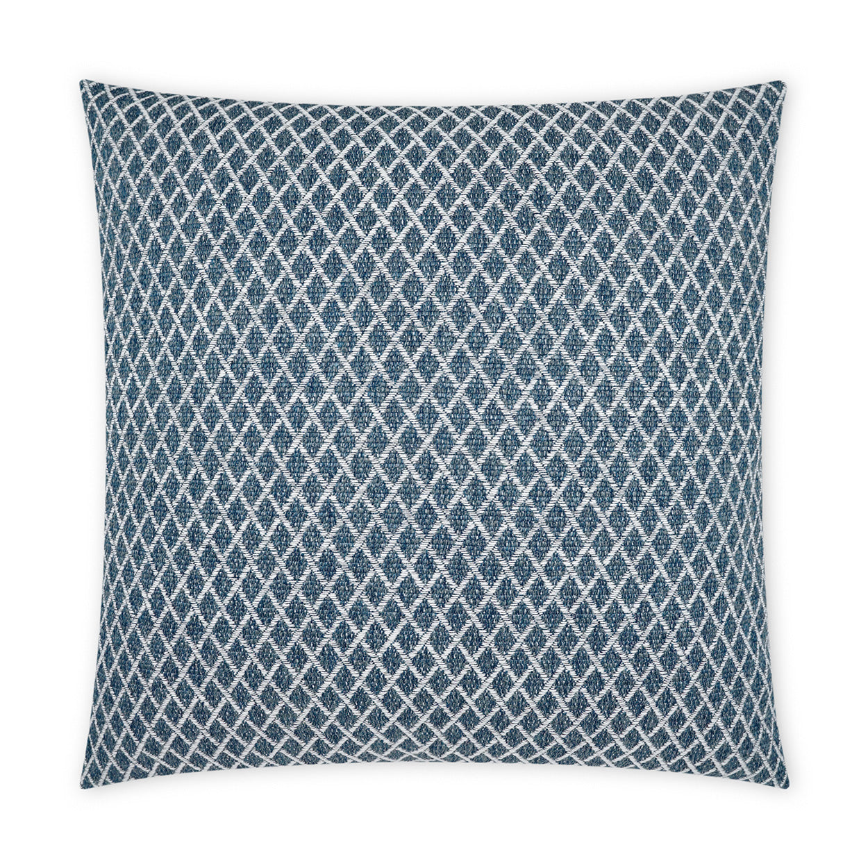 Indigo square 22" x 22" outdoor pillow with a white diamond lattice pattern.