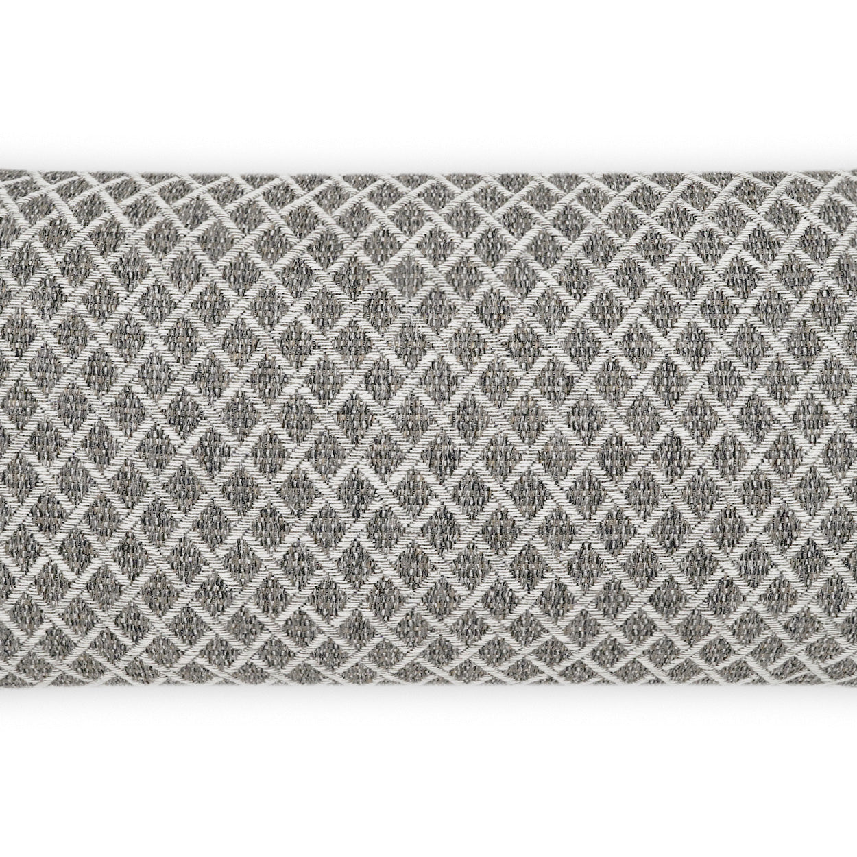 Outdoor lumbar pillow with woven fabric featuring a diamond lattice pattern and a textured surface.