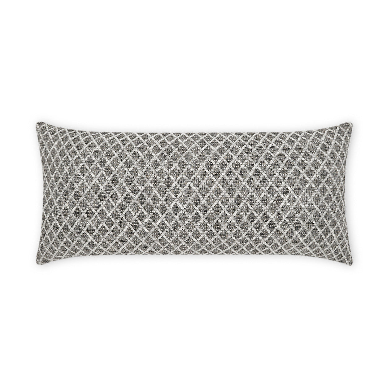 Rectangular ebony lumbar pillow, 12" x 24", outdoor use, with a white diamond lattice pattern.