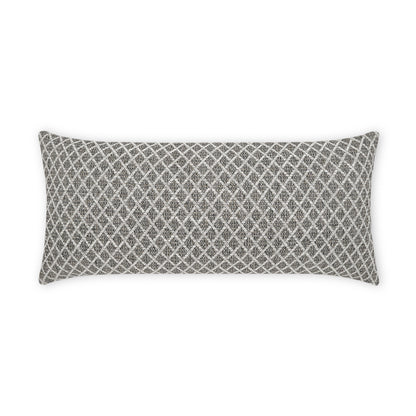 Rectangular ebony lumbar pillow, 12" x 24", outdoor use, with a white diamond lattice pattern.