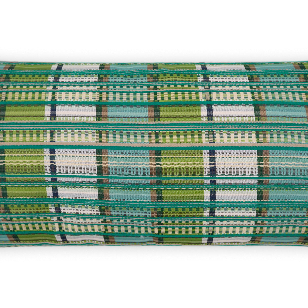 Rolled woven plaid fabric in greens, teals, white and blue.
