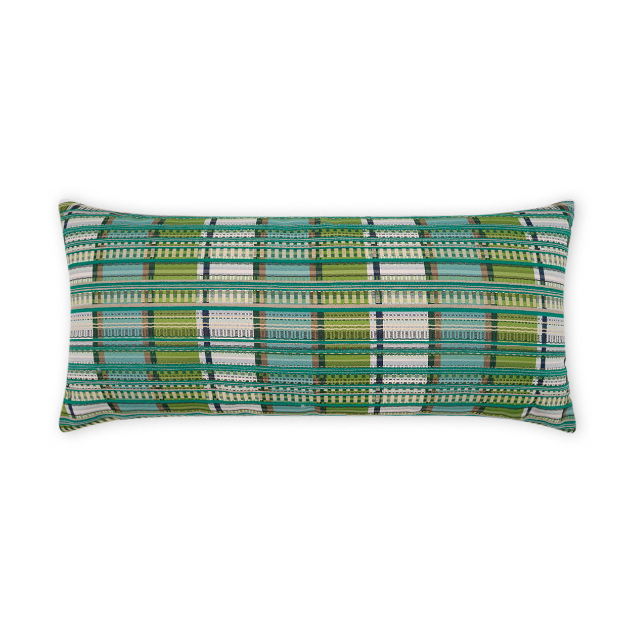 Rectangular outdoor lumbar pillow, woven, in teal, lime green, and white plaid with dark stripe accents.