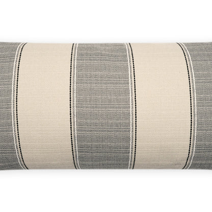 Outdoor 12" x 24" lumbar pillow with beige and gray linen-striped fabric and thin black dotted lines; woven textile.