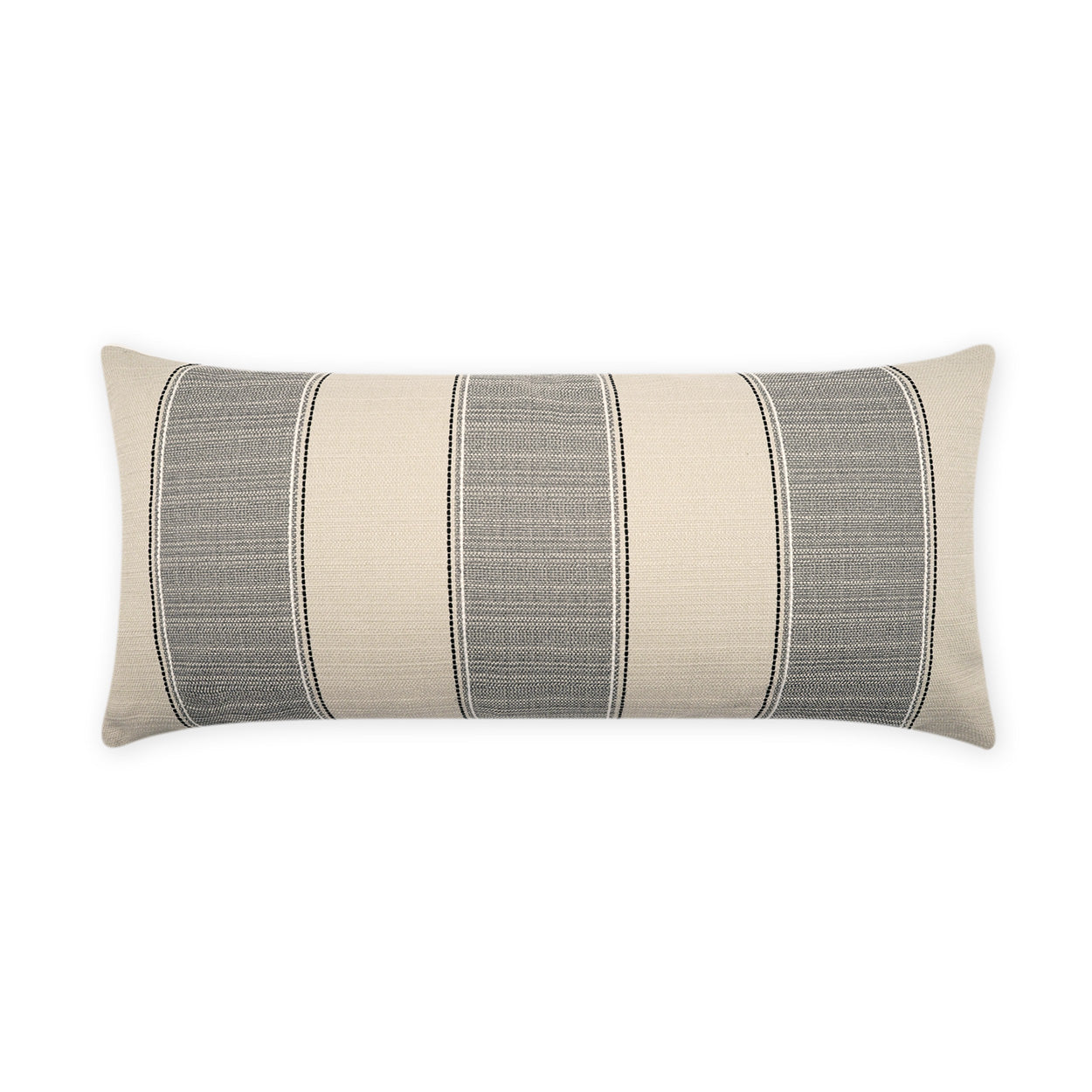 Long rectangular lumbar throw pillow with beige and gray vertical stripes in woven textured fabric.
