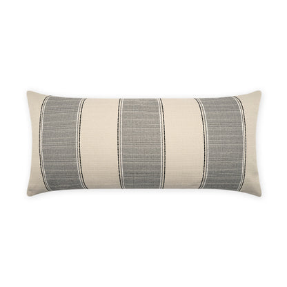 Long rectangular lumbar throw pillow with beige and gray vertical stripes in woven textured fabric.