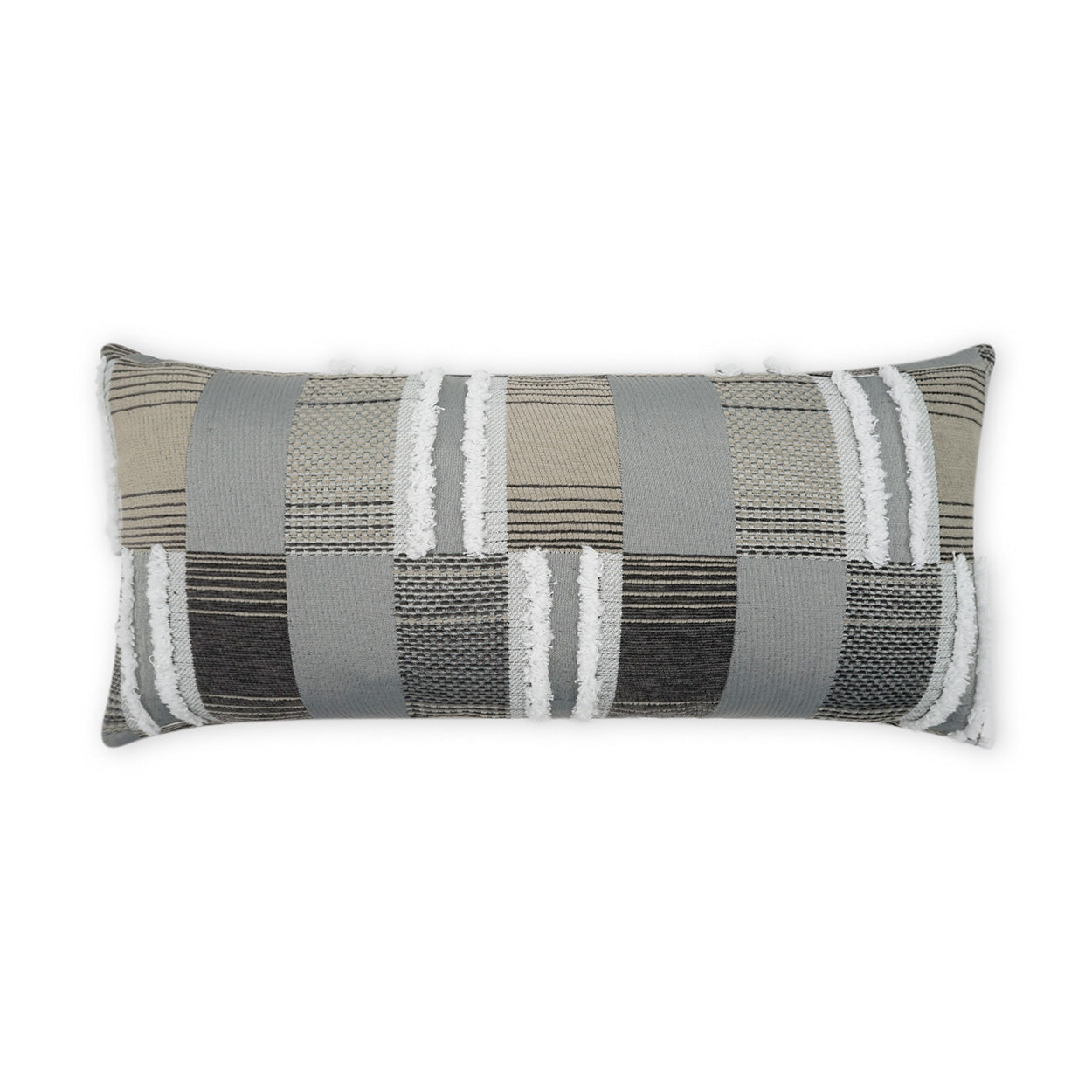 Rectangular lumbar pillow in neutral patchwork stripes; beige, gray, taupe and black textured woven fabric with fringe edges.
