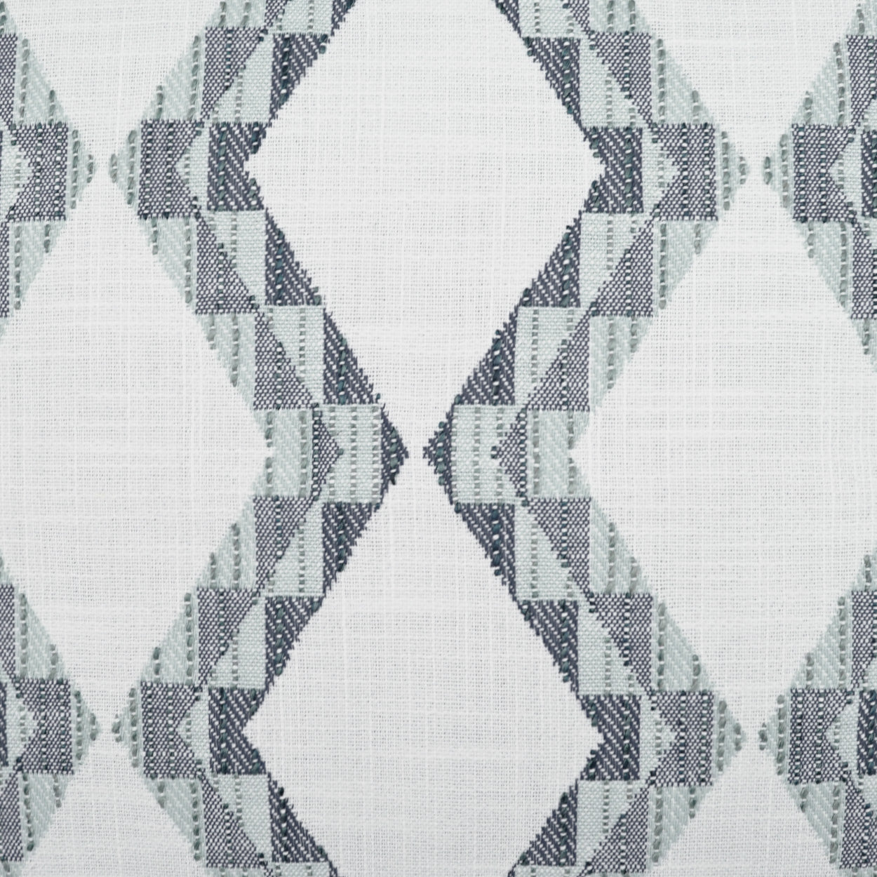 Gray geometric fabric with interlocking diamond pattern and stepped borders; woven textile suitable for upholstery or decor.
