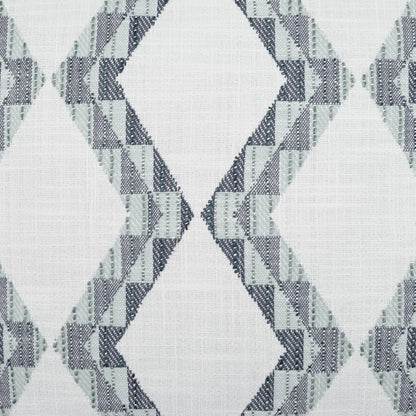 Gray geometric fabric with interlocking diamond pattern and stepped borders; woven textile suitable for upholstery or decor.