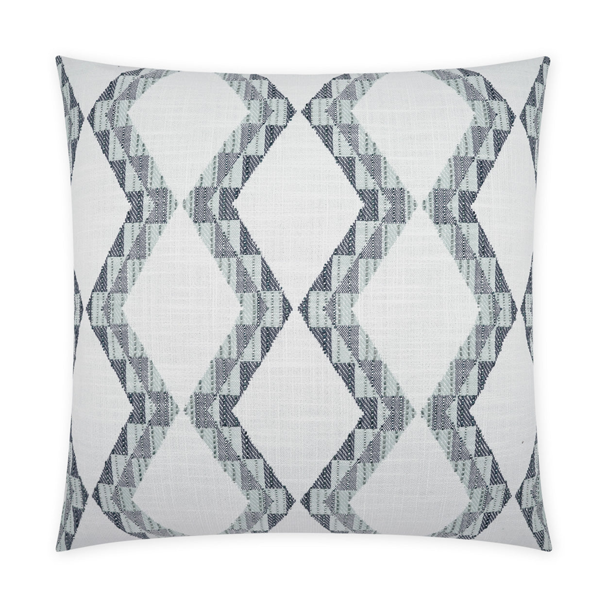 Square throw pillow with a blue-gray diamond lattice pattern on white background.