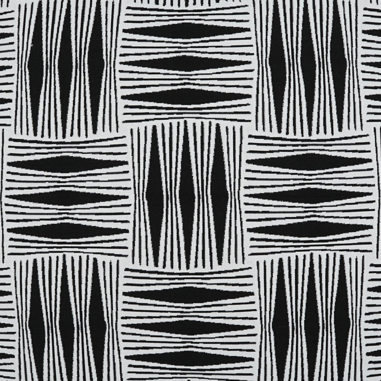 Black and white geometric fabric pattern featuring stacked diamond motifs and slender vertical lines on a 22" x 22" outdoor pillow.