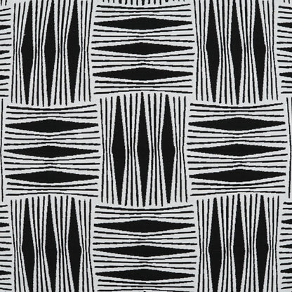 Black and white geometric fabric pattern featuring stacked diamond motifs and slender vertical lines on a 22" x 22" outdoor pillow.