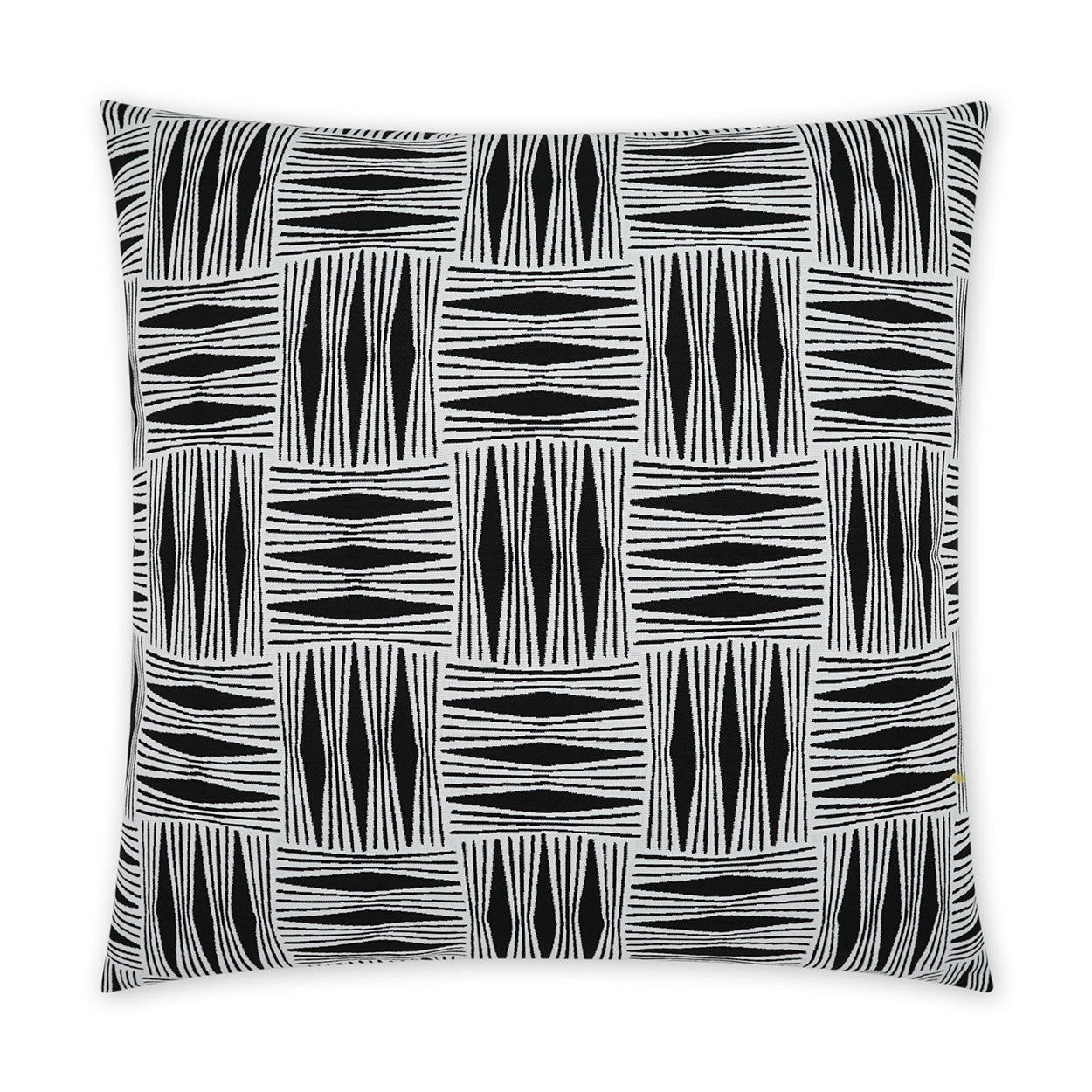 Square decorative pillow in black and white with tile-like geometric blocks of vertical lines for sofa or bed.