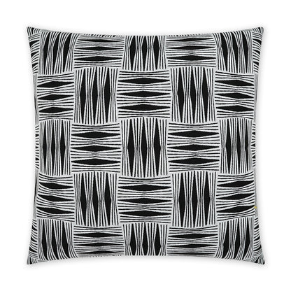 Square decorative pillow in black and white with tile-like geometric blocks of vertical lines for sofa or bed.
