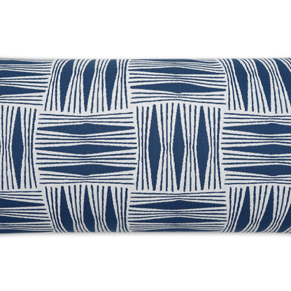 Blue outdoor lumbar pillow with a repeating pattern of white geometric rectangles formed by thin parallel lines.