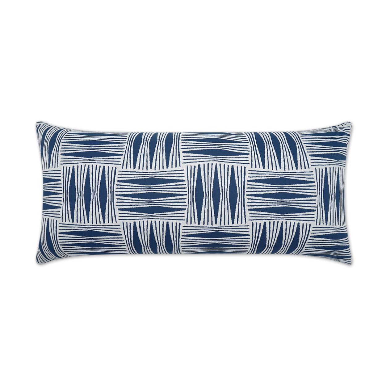 Navy blue and white geometric rectangular lumbar pillow with tile-like pattern.