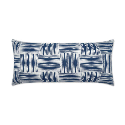 Navy blue and white geometric rectangular lumbar pillow with tile-like pattern.