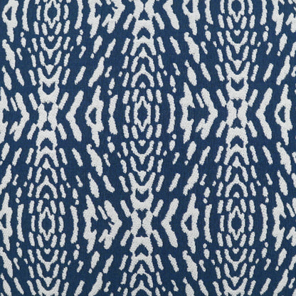 Navy blue pillow with ivory Ikat-style geometric pattern; outdoor 22" x 22" pillow.