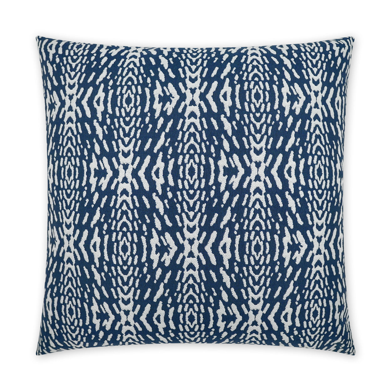 Square navy blue outdoor pillow with a white geometric pattern; 22" x 22" decorative cushion.
