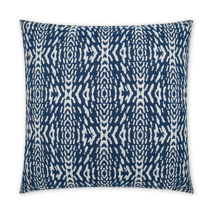 Square navy blue outdoor pillow with a white geometric pattern; 22" x 22" decorative cushion.