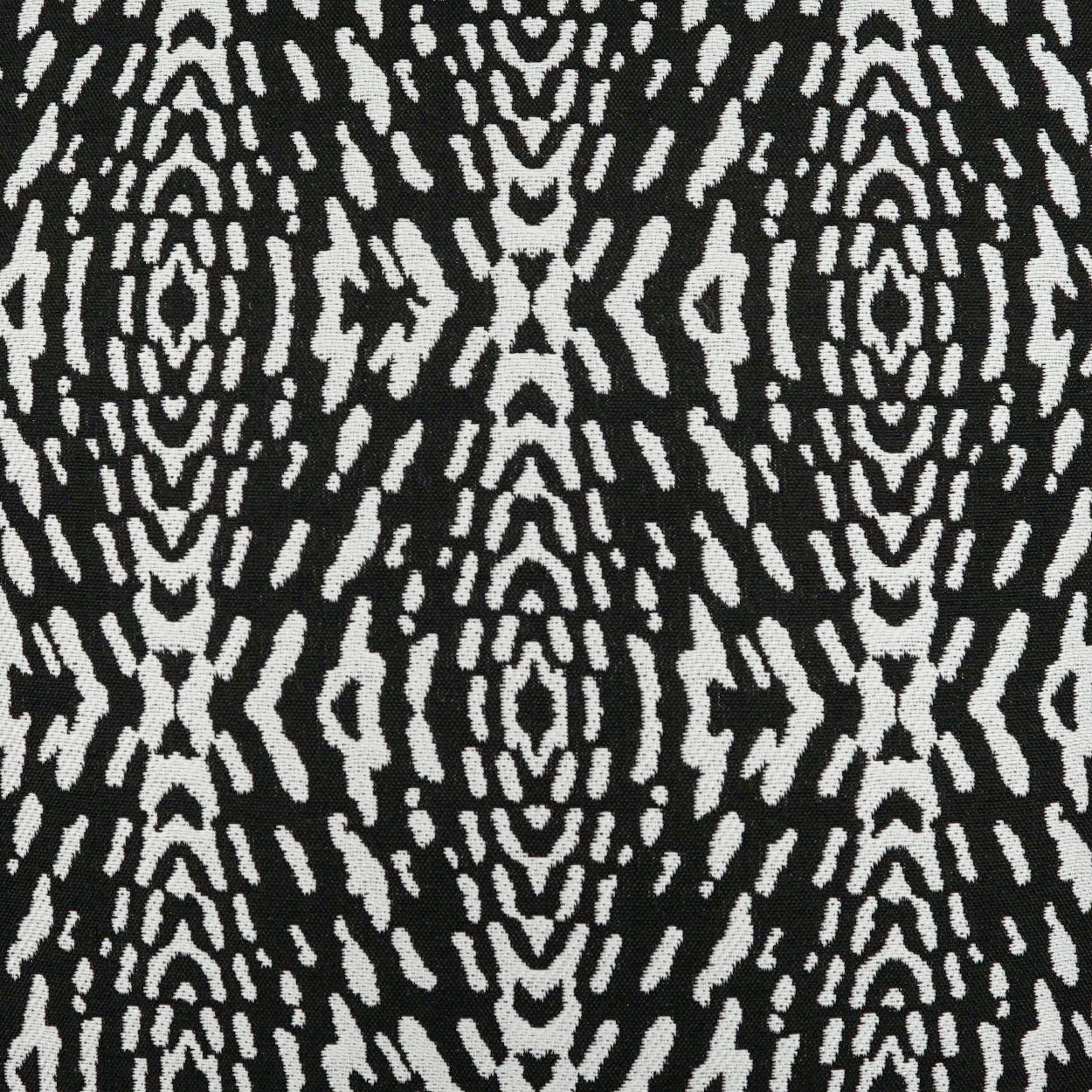 Outdoor pillow, 22" x 22", black with white abstract geometric ikat-like pattern; woven texture.