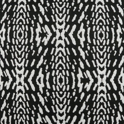 Outdoor pillow, 22" x 22", black with white abstract geometric ikat-like pattern; woven texture.