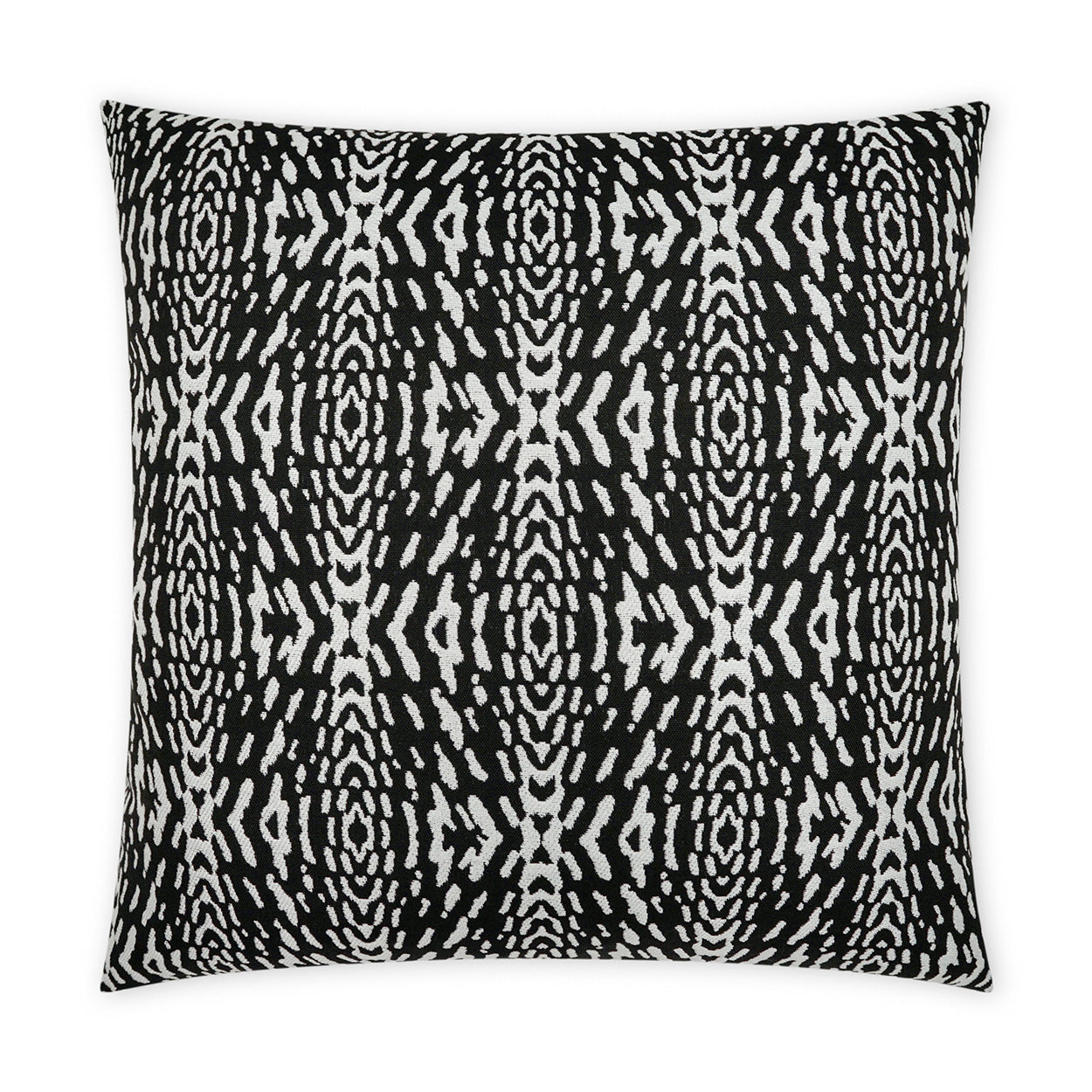 22" x 22" outdoor throw pillow with a black-and-white ikat-like pattern.