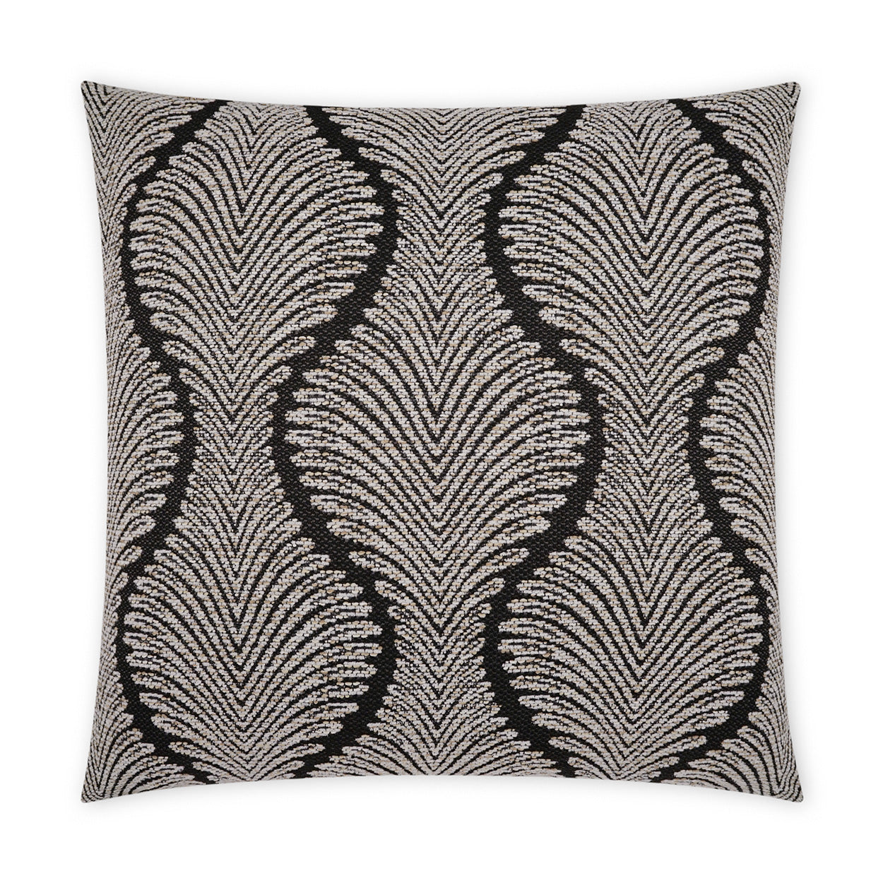 22 x 22 inch square outdoor pillow in black with a floral pattern.