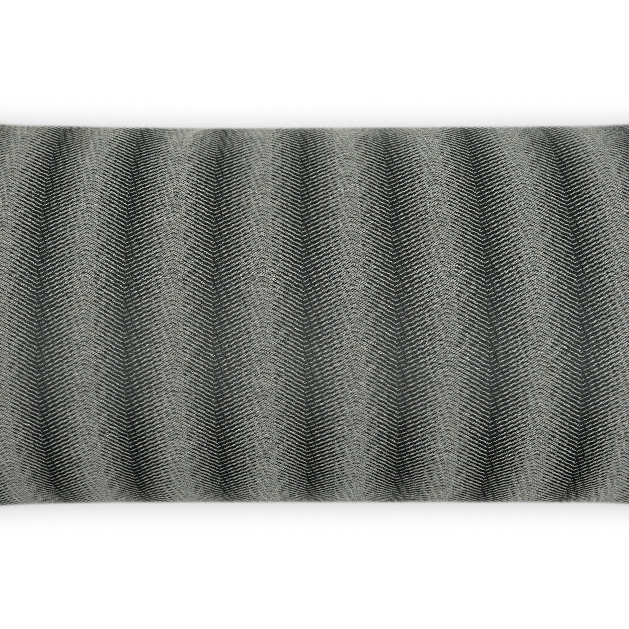 Gray outdoor lumbar pillow fabric close-up with a subtle diagonal chevron weave.
