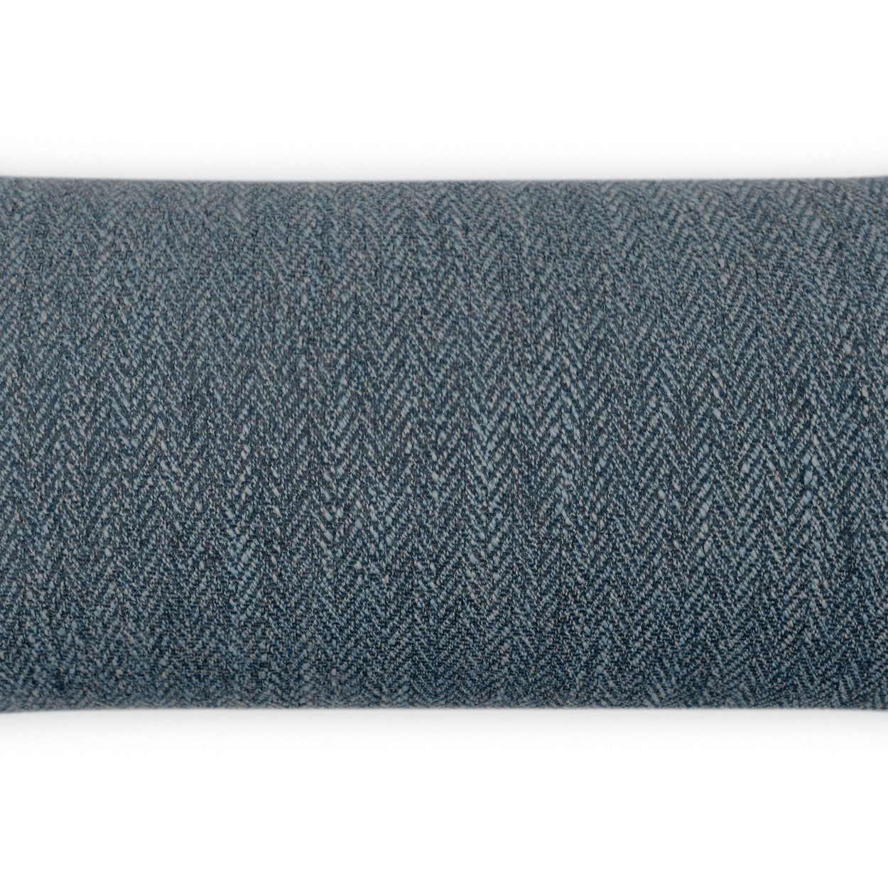 Blue denim herringbone tweed fabric with a textured zigzag weave, rolled into a cylinder.