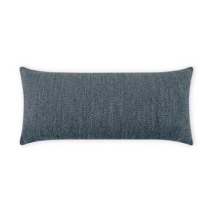Blue herringbone rectangular throw pillow for sofa; denim-toned textured woven fabric.
