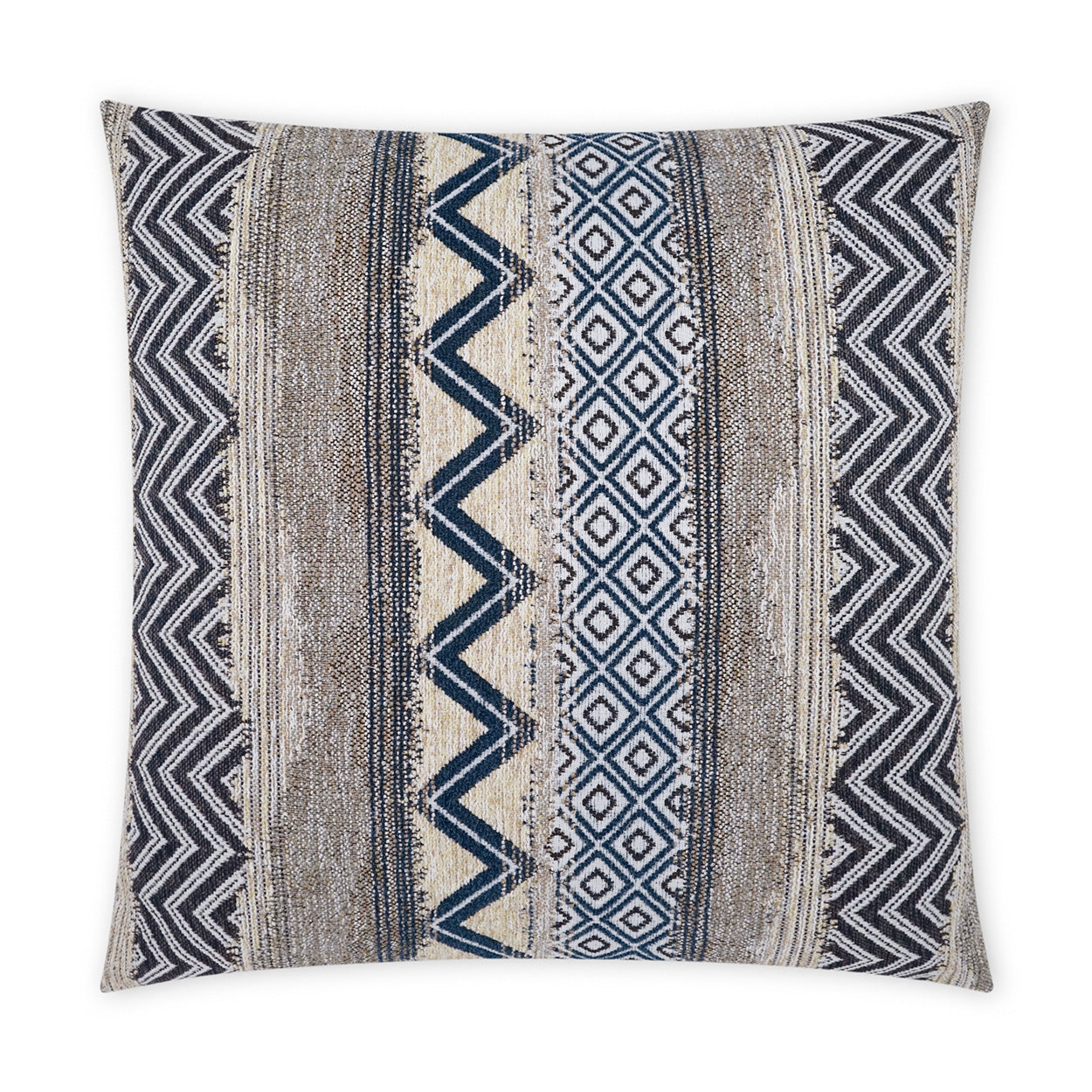 Rectangular woven throw pillow with navy, beige & cream geometric stripes, chevron and diamond patterns.