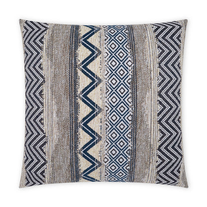 Rectangular woven throw pillow with navy, beige & cream geometric stripes, chevron and diamond patterns.