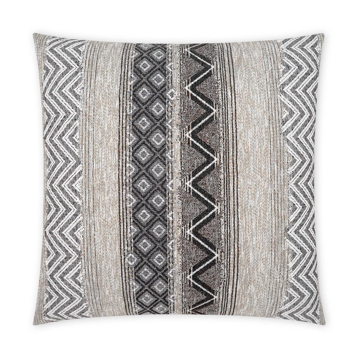 Square woven textured throw pillow in beige, gray, black with geometric tribal patterns and chevron stripes.