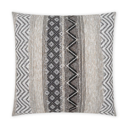 Square woven textured throw pillow in beige, gray, black with geometric tribal patterns and chevron stripes.