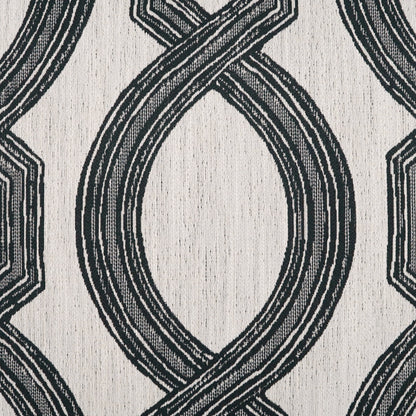 Cream fabric with large black interlocking loop motif; woven texture for upholstery or drapes.
