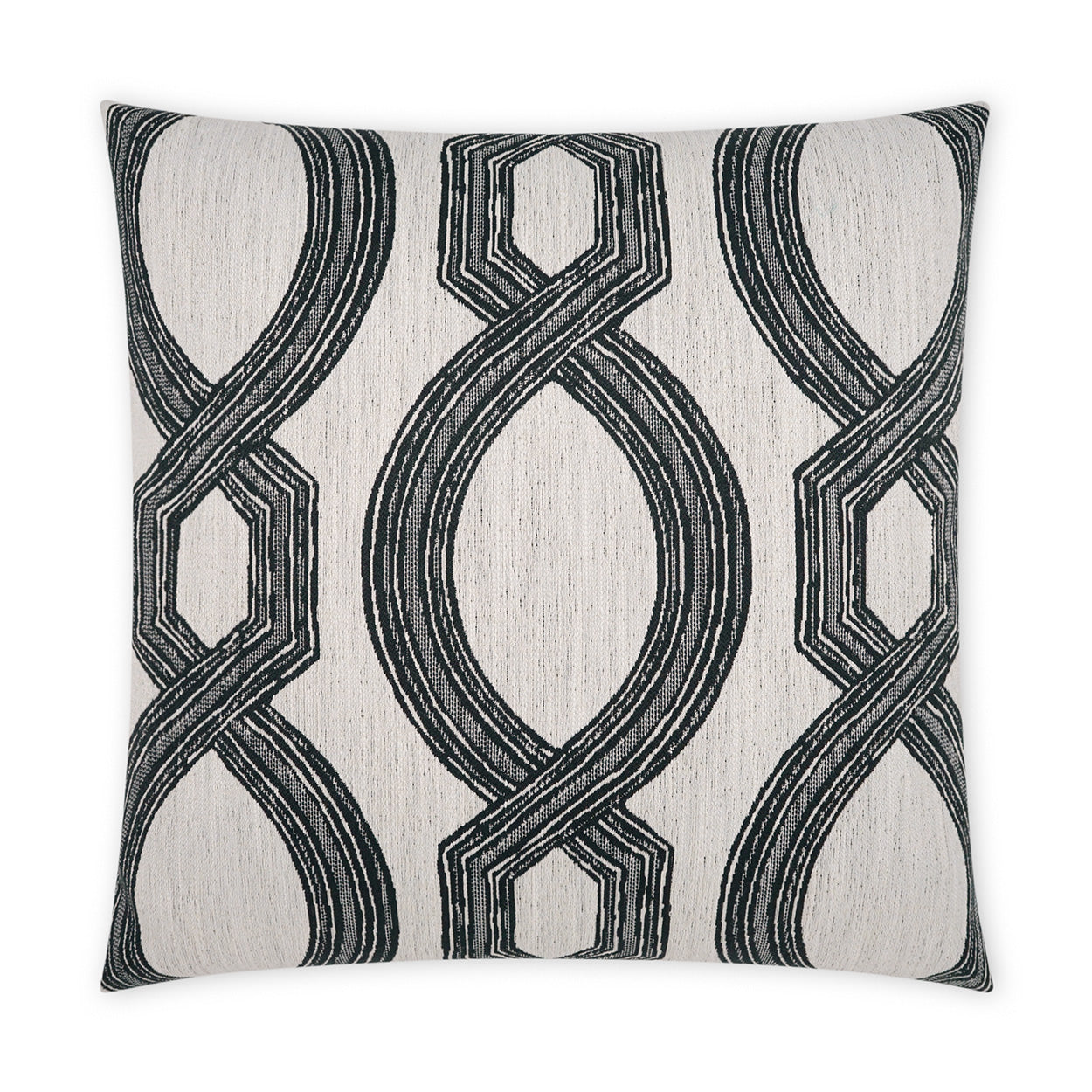 Square outdoor pillow, 22" x 22", black textured fabric with an interlocking geometric loop pattern for outdoor decor.