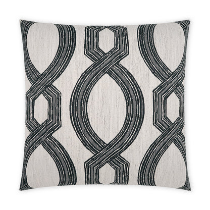 Square outdoor pillow, 22" x 22", black textured fabric with an interlocking geometric loop pattern for outdoor decor.
