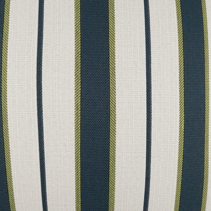 Outdoor lumbar pillow with textured woven fabric in navy blue and cream vertical stripes with olive green accents, size 12" x 24