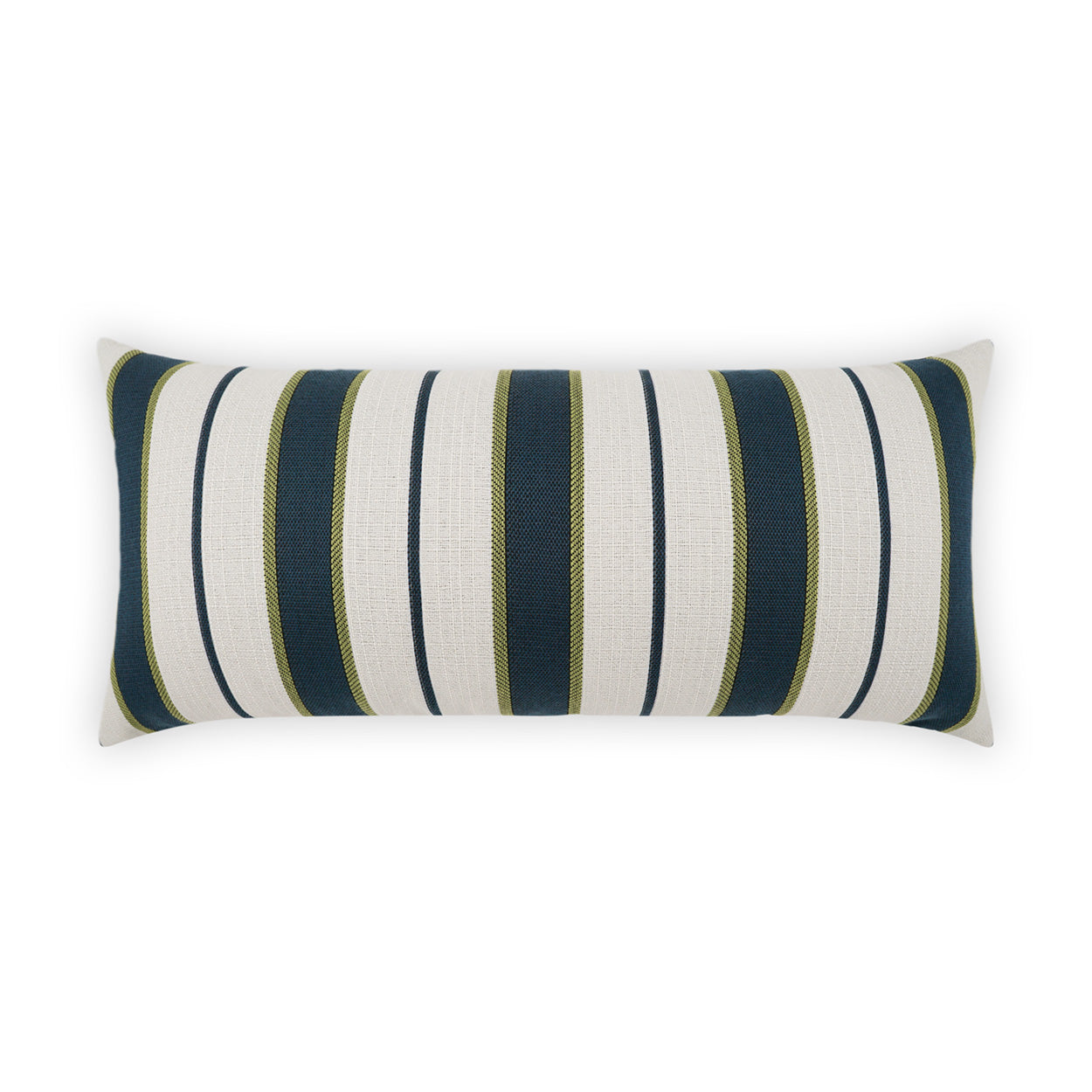 Long rectangular throw pillow with ivory base and navy and olive green vertical stripes, woven texture and dark piping.