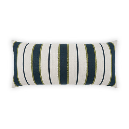 Long rectangular throw pillow with ivory base and navy and olive green vertical stripes, woven texture and dark piping.