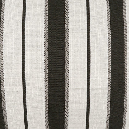 Striped woven fabric with black and cream vertical stripes, textured upholstery material.