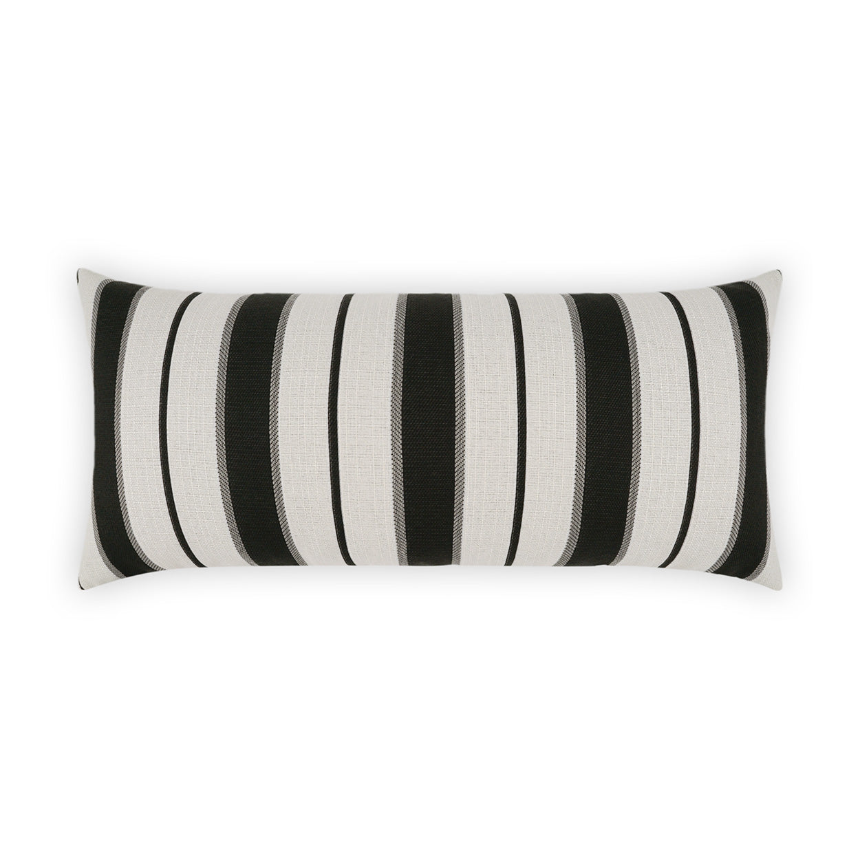 Rectangular lumbar throw pillow in ivory and black striped woven fabric; modern decorative cushion.