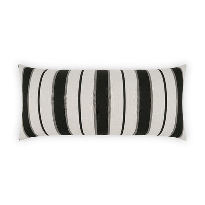 Rectangular lumbar throw pillow in ivory and black striped woven fabric; modern decorative cushion.