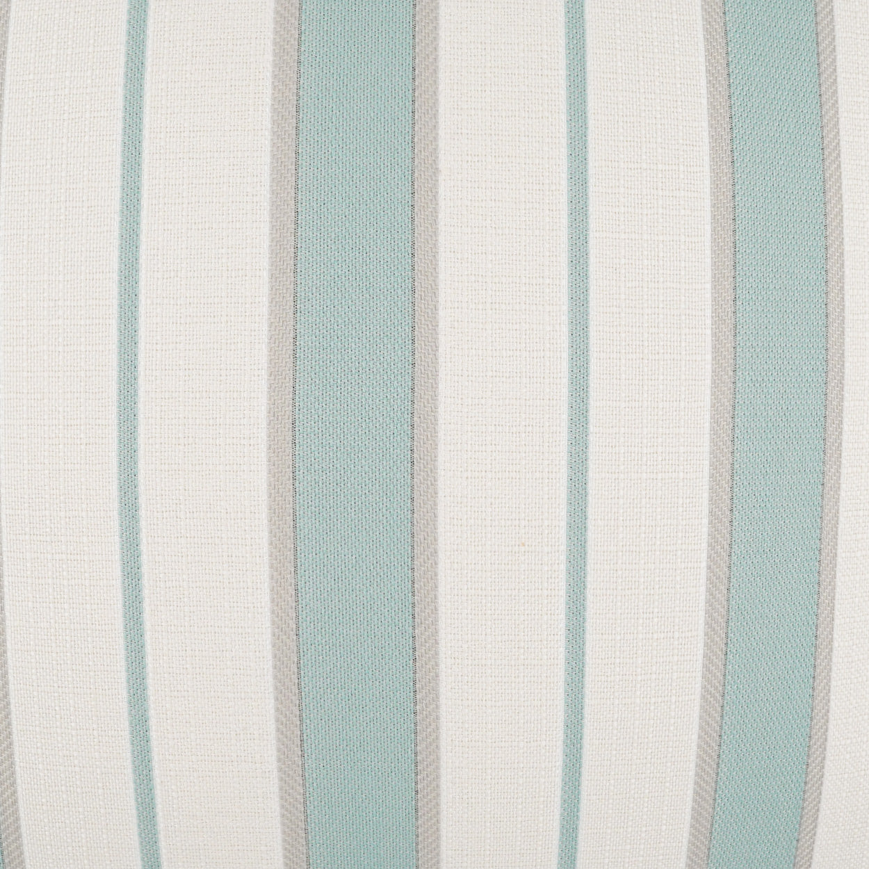 Woven fabric with vertical teal and gray stripes on beige background; upholstery textile.