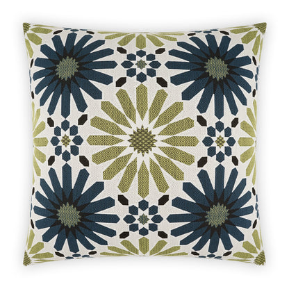 Square decorative throw pillow with navy blue, olive green, and cream geometric floral quilted pattern.